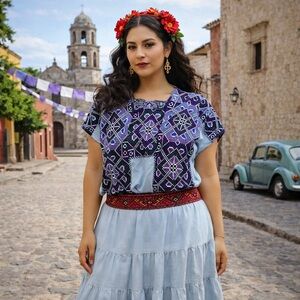 VTG Huipil Handmade Boho Needle Point Embroidered Purple Blue Mexican Top OSFM